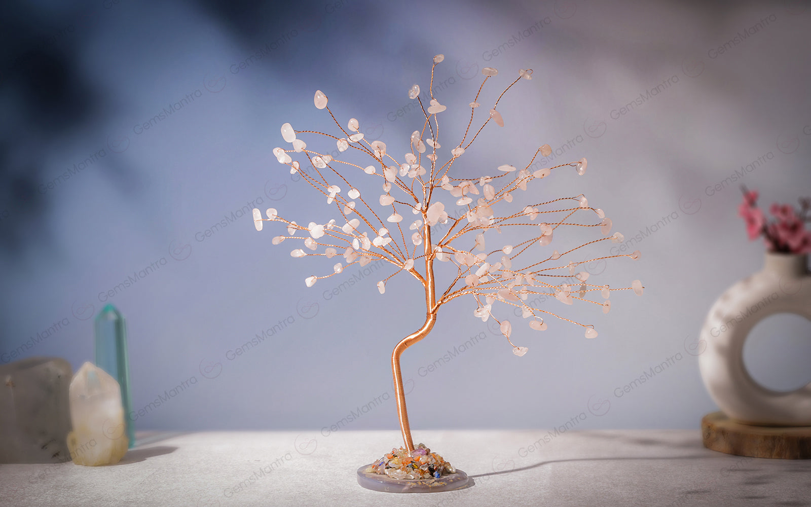 Rose Quartz With Agate Plate Large Tree