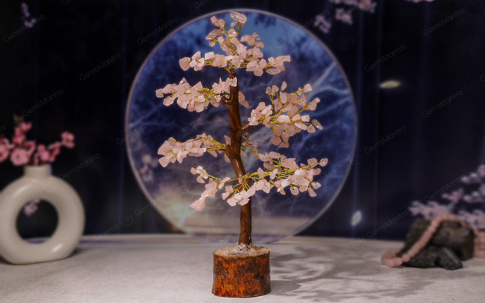 Wooden Rose Quartz Crystal Tree