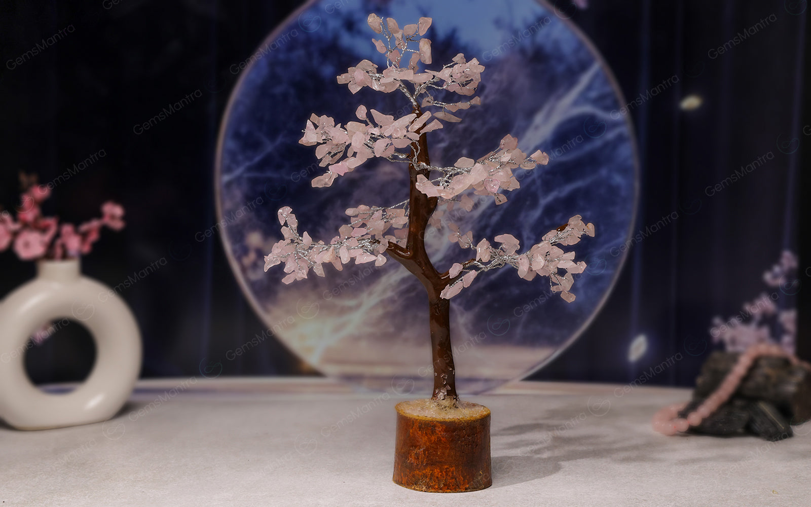 Wooden Rose Quartz Crystal Tree