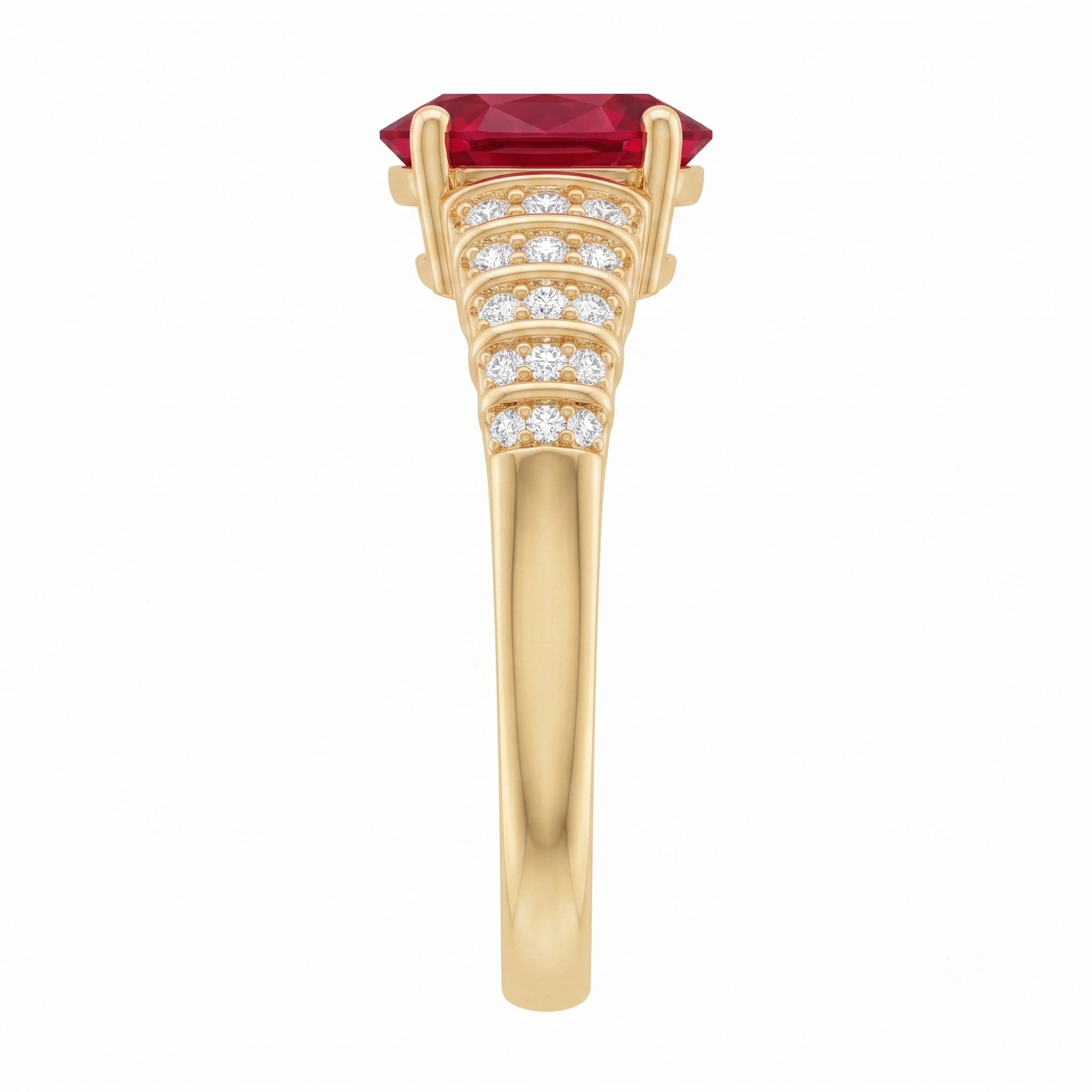 Oval Crimson Ruby Tiered Channel Set Ribbed Band Ring