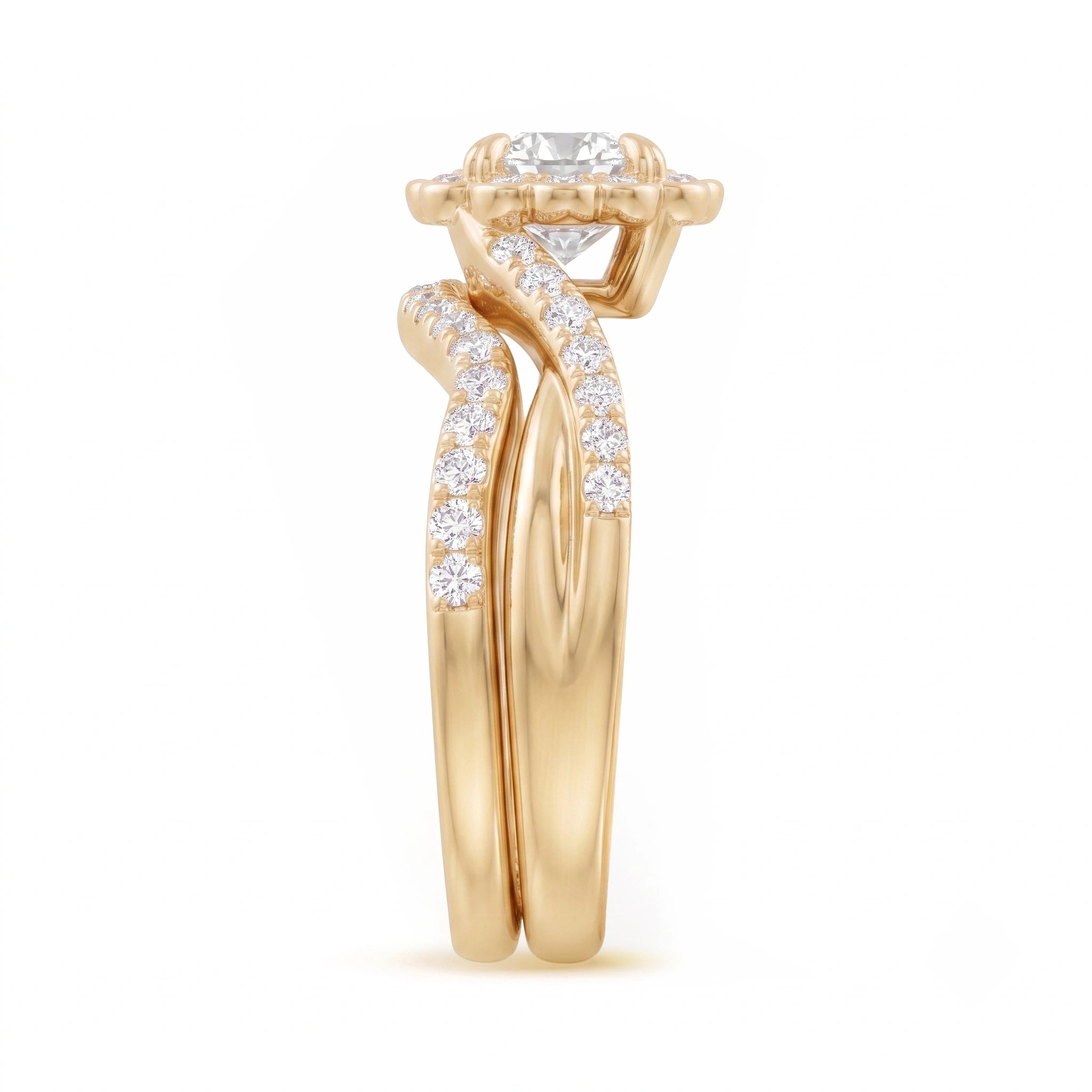Round Celestial Floral Diamond Scalloped Halo Bridal Ring Set