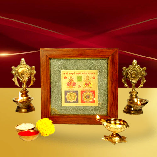 2D Yantra - Frame of Four - Shree Sampoorna Laxmi Ganesh Yantra - Pyrite Dust frame