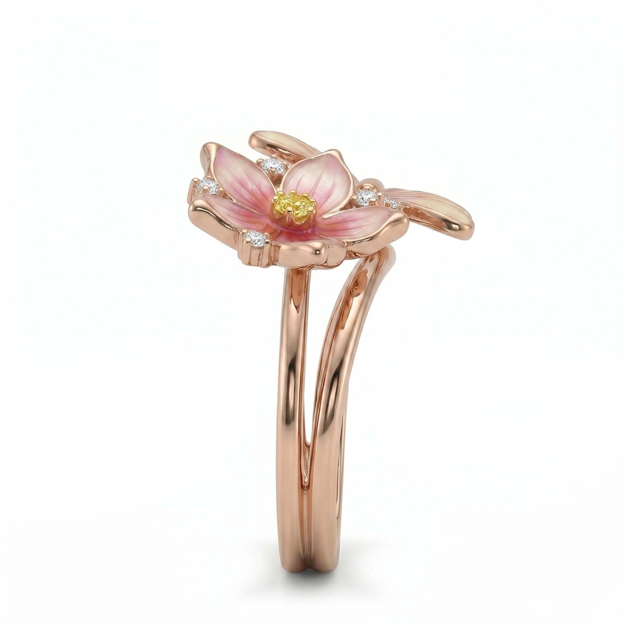 Nature-Inspired Pink Enamel Flower and Butterfly Bypass Ring  with Diamond Finish Moissanite in Rose Gold-Plated