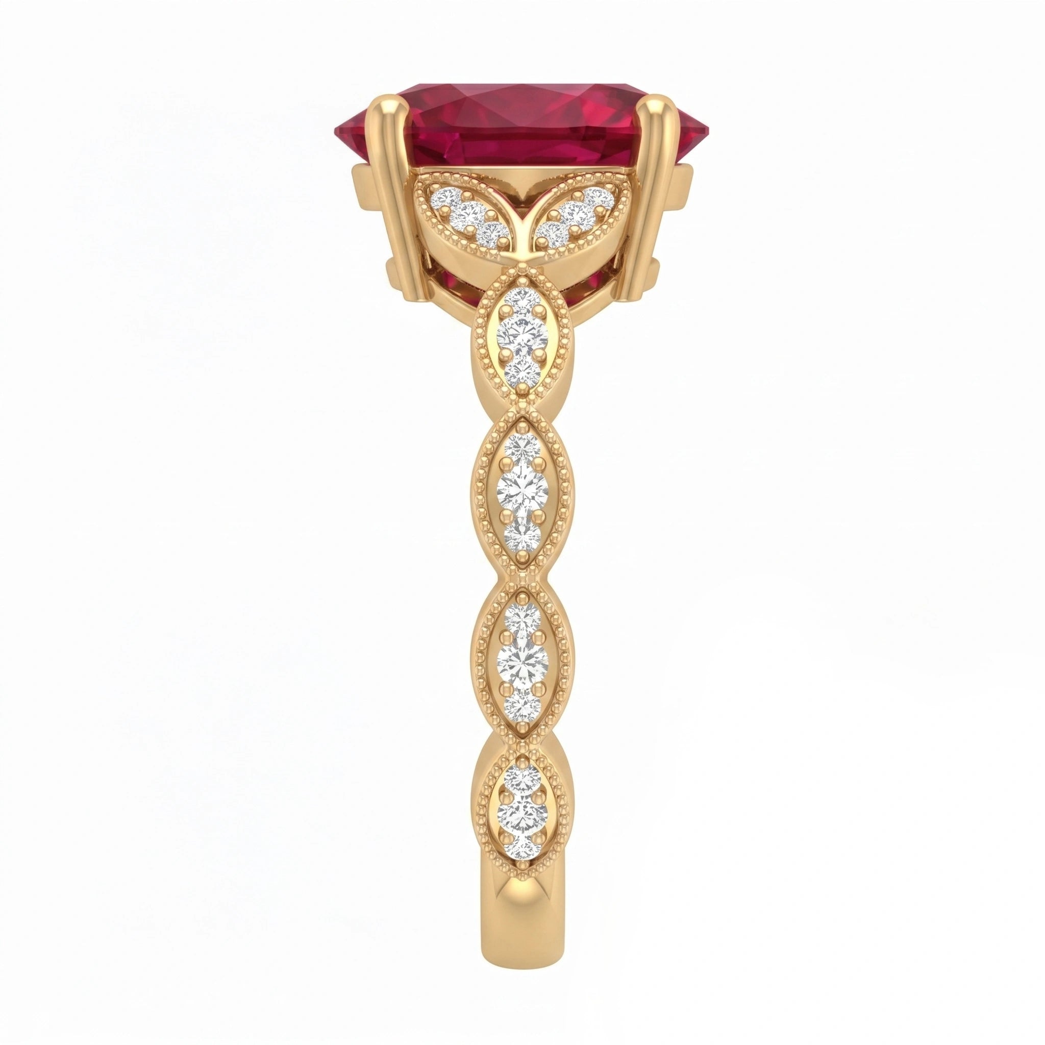 Oval Crimson Ruby Botanical Marquise Leaf Accent Ring