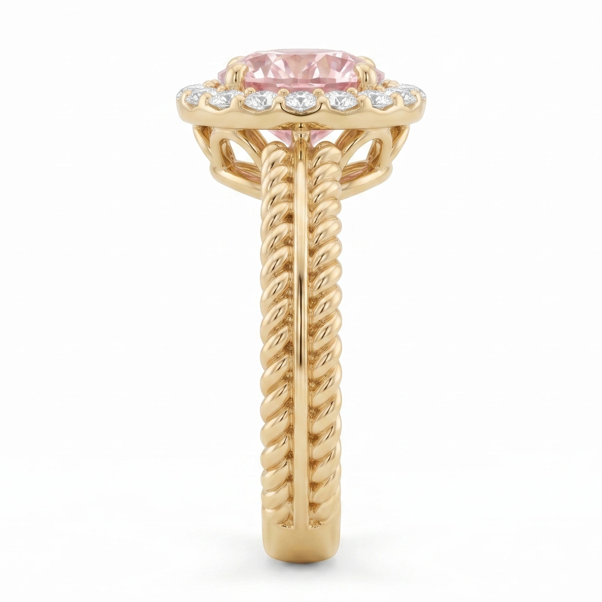 Round Blush Pink Diamond Rope Band Halo Engagement Ring
