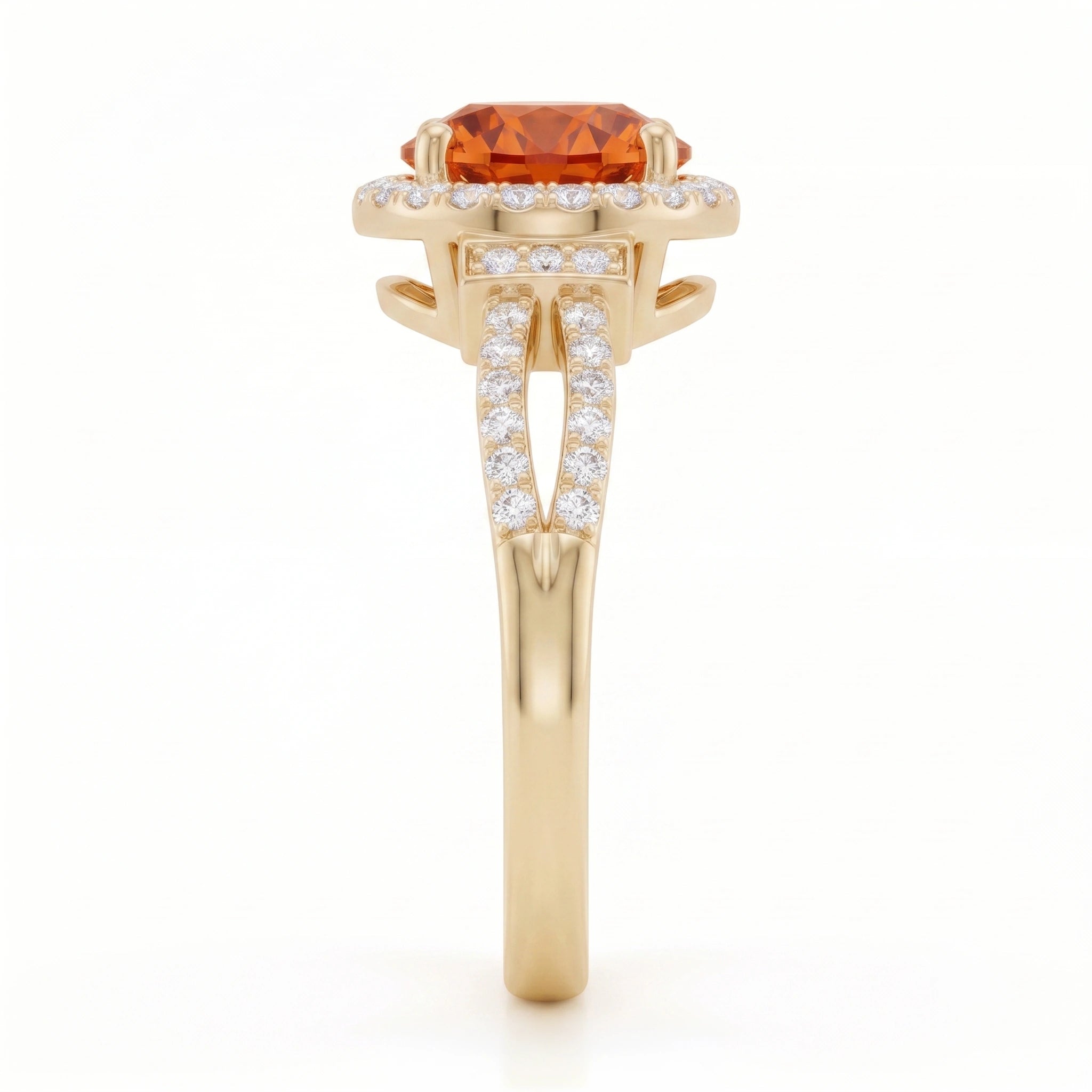 Oval Fiery Spessartite Garnet Split Shank Halo Ring