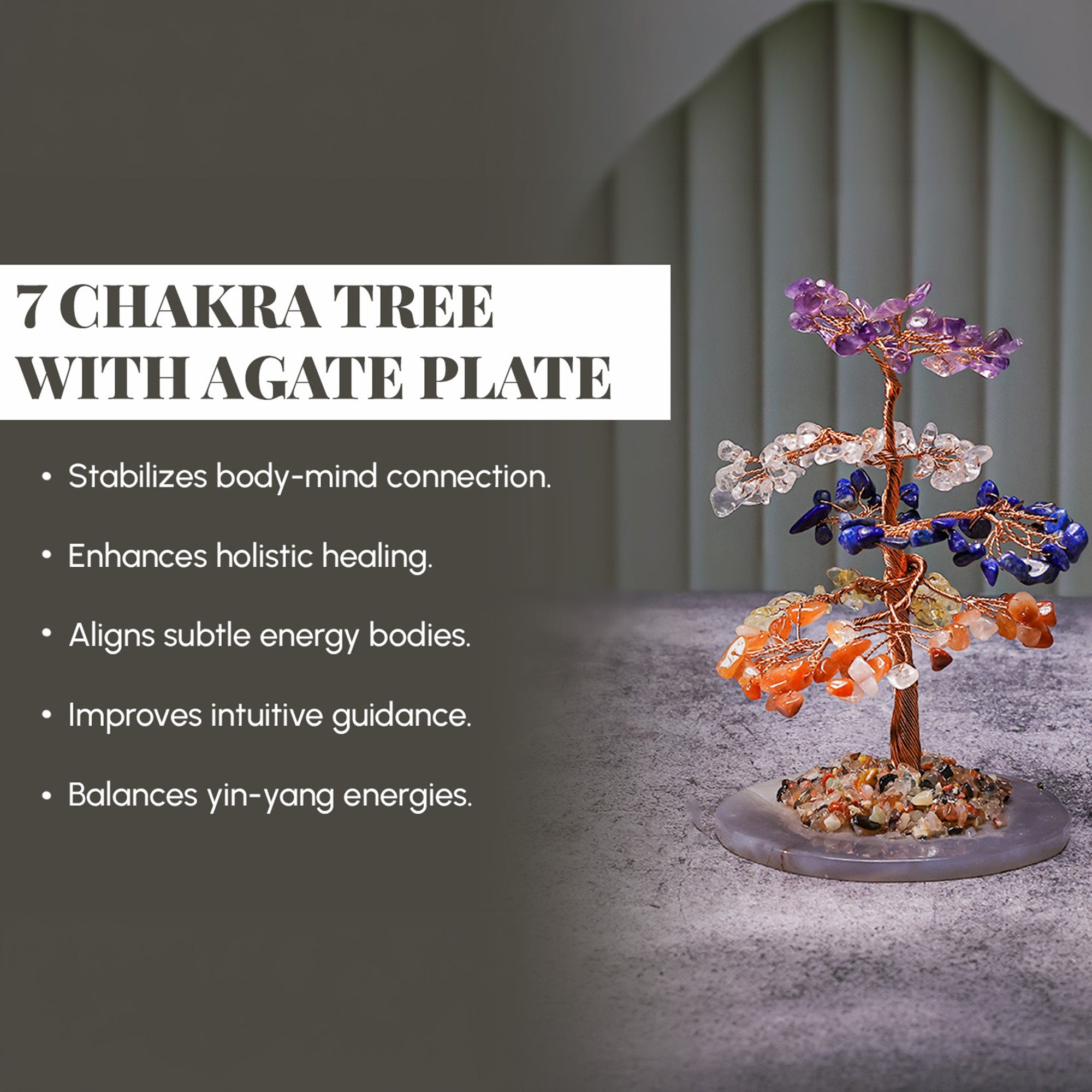7 Chakra Crystal Tree with Agate Plate – Big, for Vastu