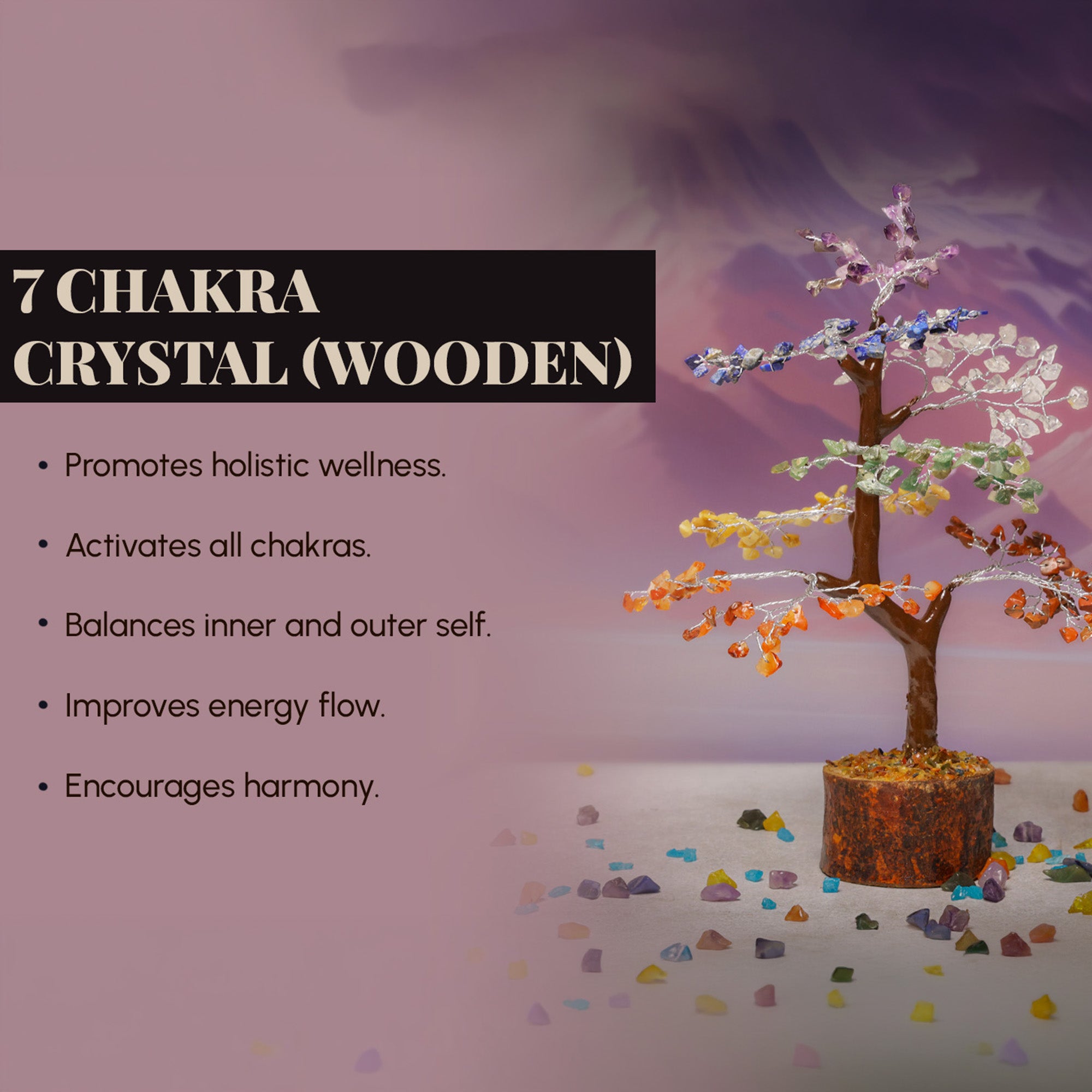 Seven Chakra Crystal Tree – Wooden Base, for Vastu