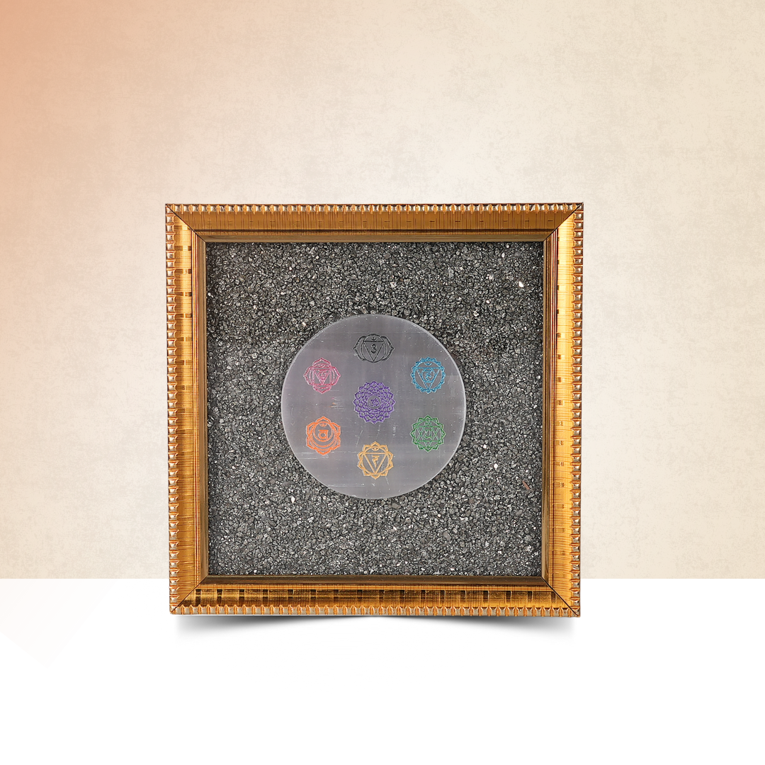 Pyrite Dust Frame With 7 Chakra Symbol Carved Selenite Plate