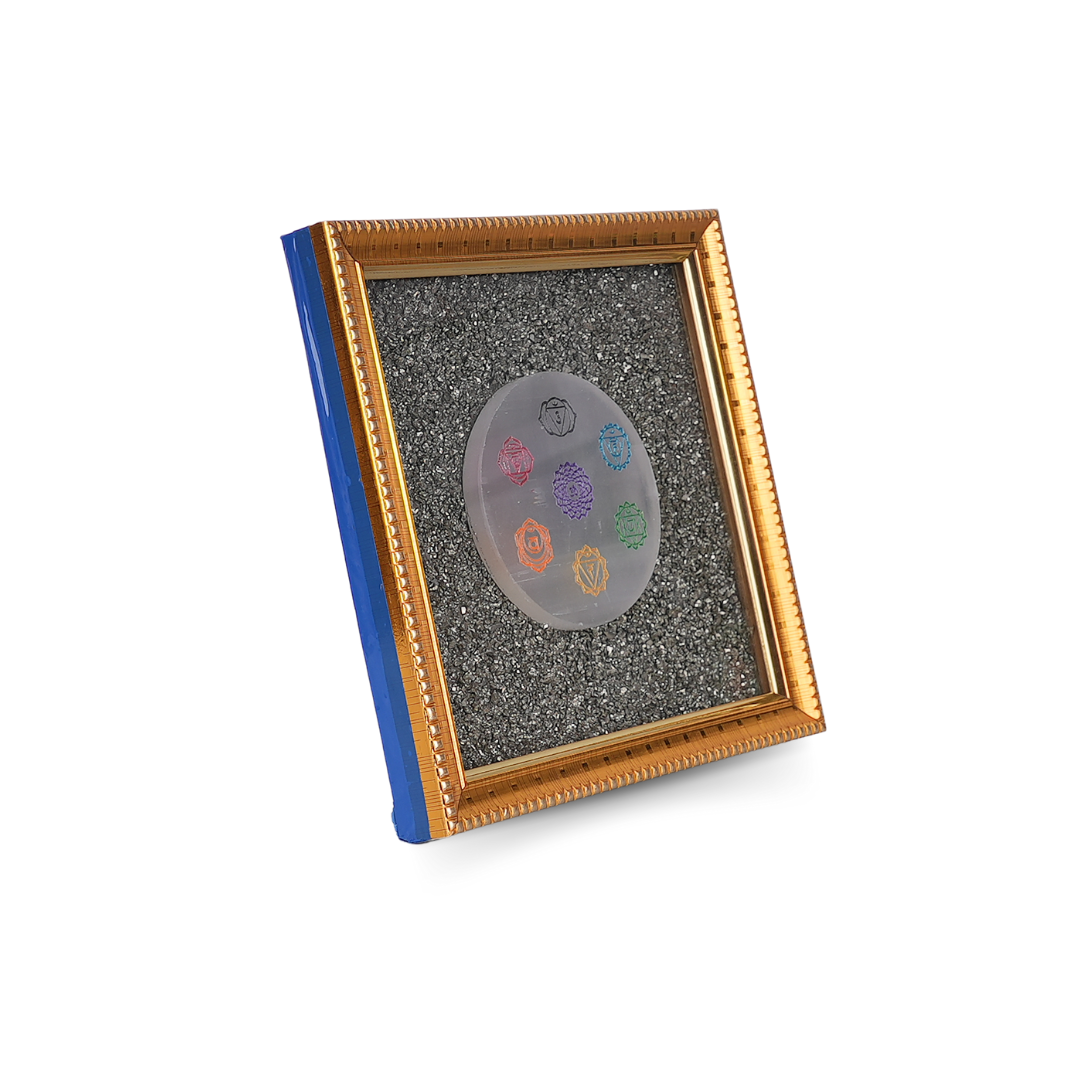 Pyrite Dust Frame With 7 Chakra Symbol Carved Selenite Plate