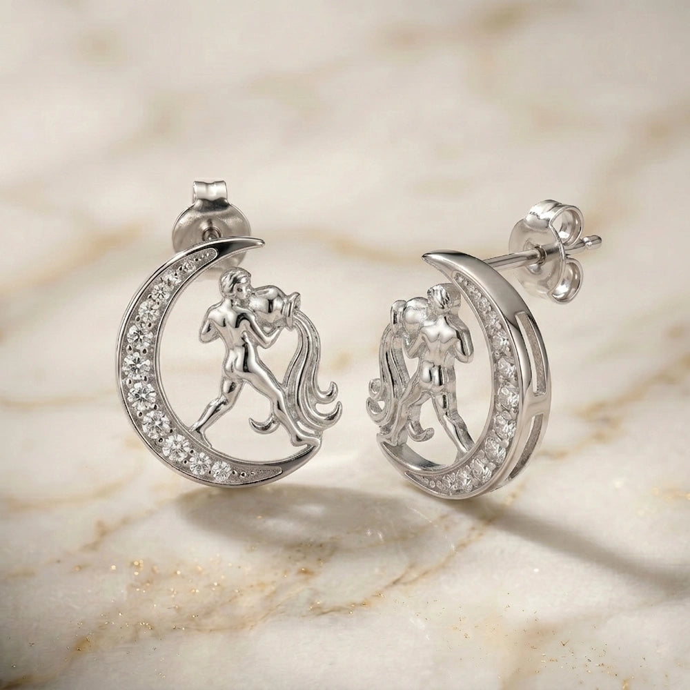 Aquarius Zodiac Silver Earrings