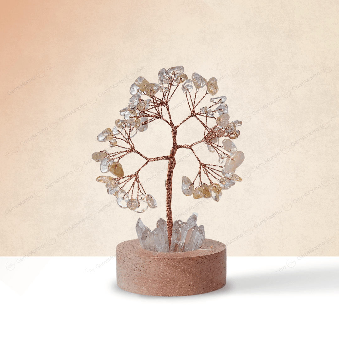 Citrine Tree With Clear Quartz Pencil Light Lamp - Gemsmantra