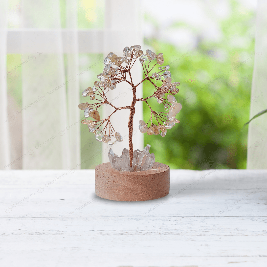 Citrine Tree With Clear Quartz Pencil Light Lamp - Gemsmantra