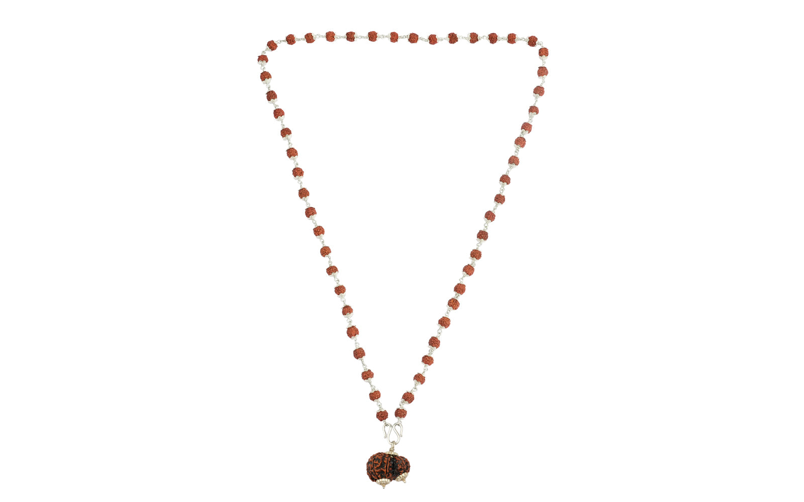 5 Mukhi Silver Rudraksha Mala - with Natural Garbh-Gauri Rudraksha Pendant