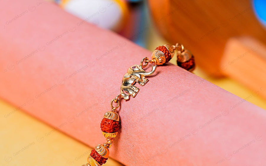 Original 5 Mukhi Rudraksha Gold Elephant Bracelet for Kids with Certificate