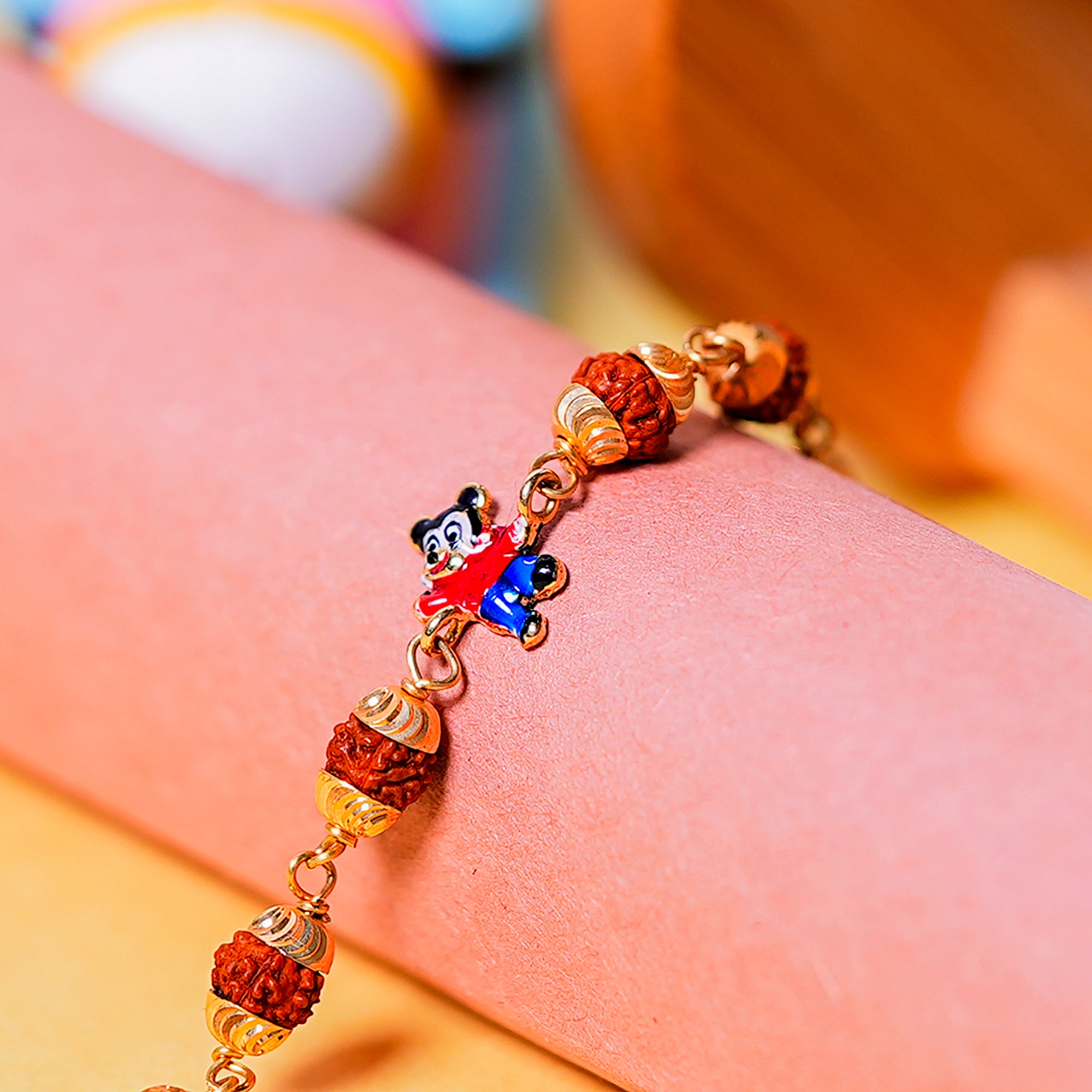 Original 5 Mukhi Rudraksha Gold Mickey Mouse Bracelet for Kids
