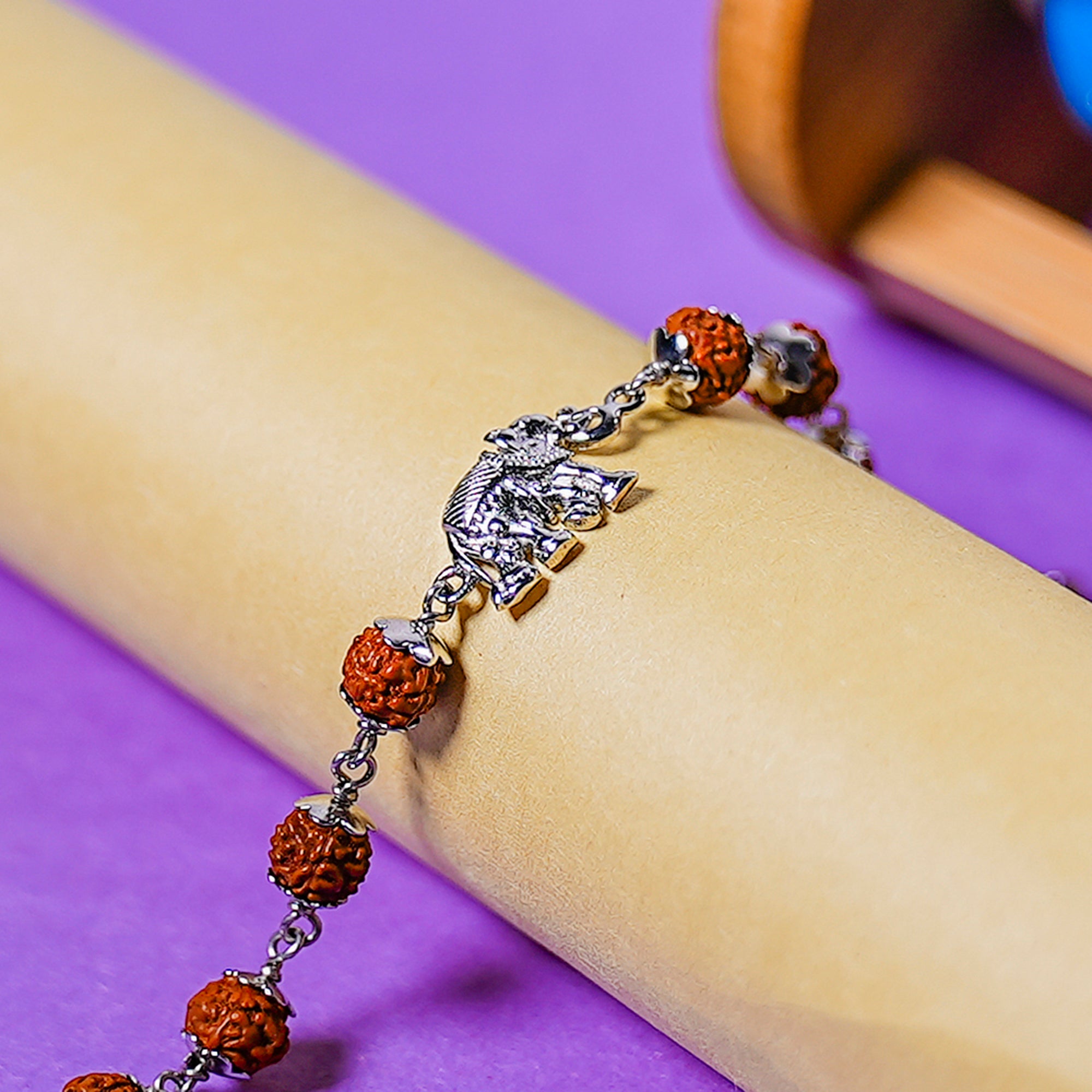Original 5 Mukhi Rudraksha Silver Elephant Bracelet for Kids – 10 Beads