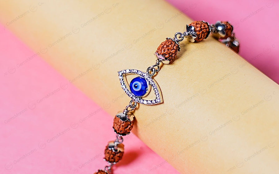 Original 5 Mukhi Rudraksha Silver Evil Eye Bracelet for Kids with Certificate