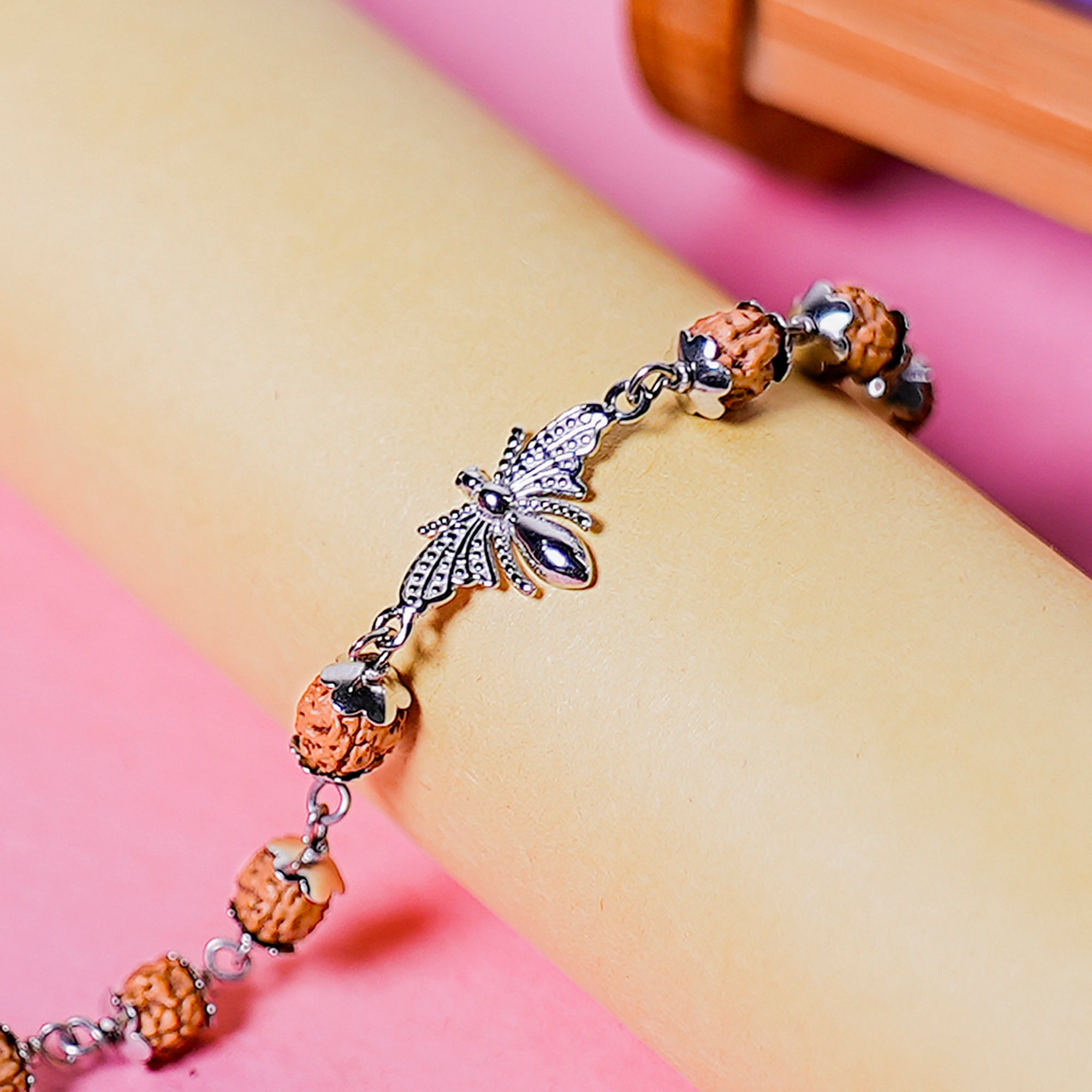Original 5 Mukhi Rudraksha Silver Studded Butterfly Bracelet for Kids