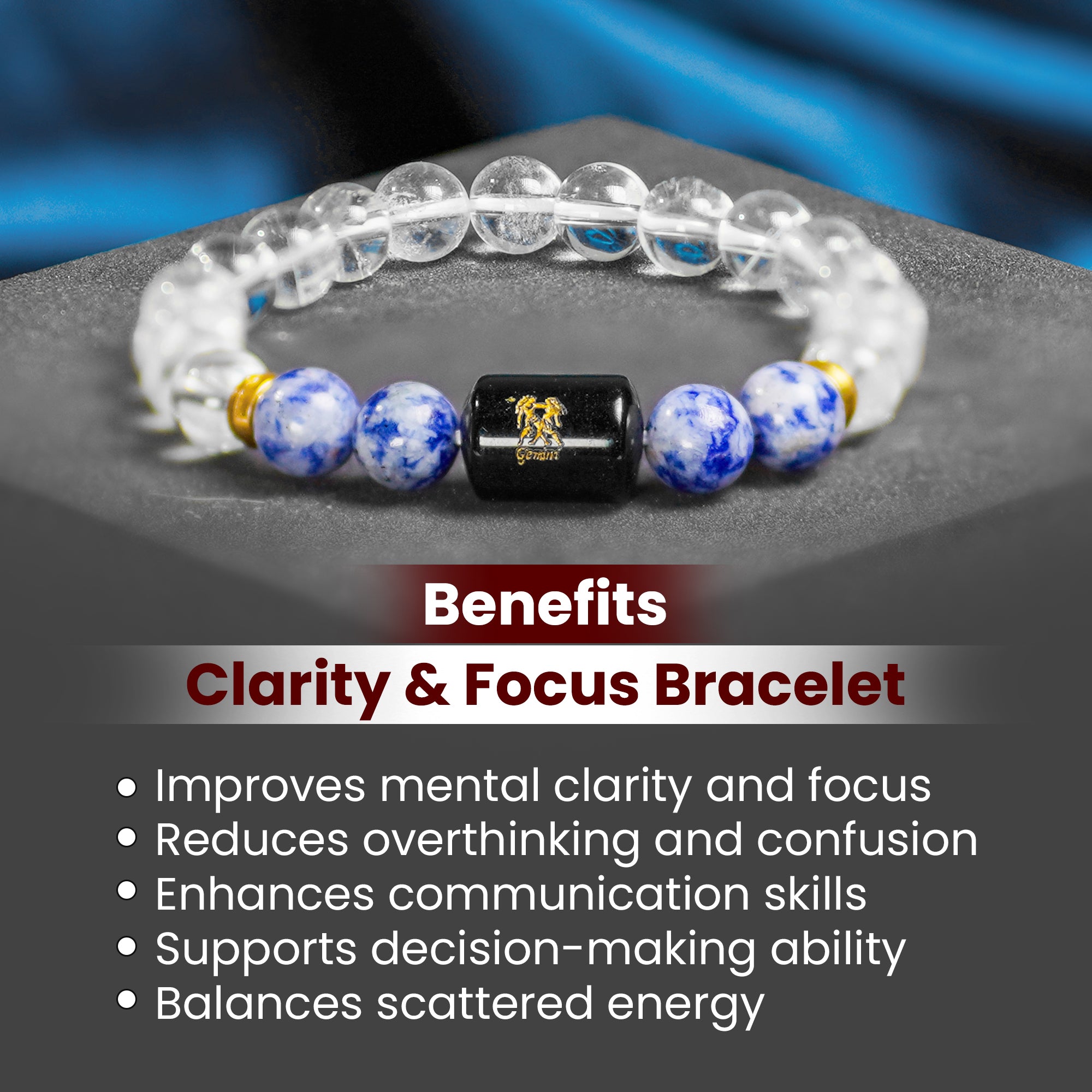Gemini (मिथुन राशि) Bracelet – Clear Quartz & Sodalite