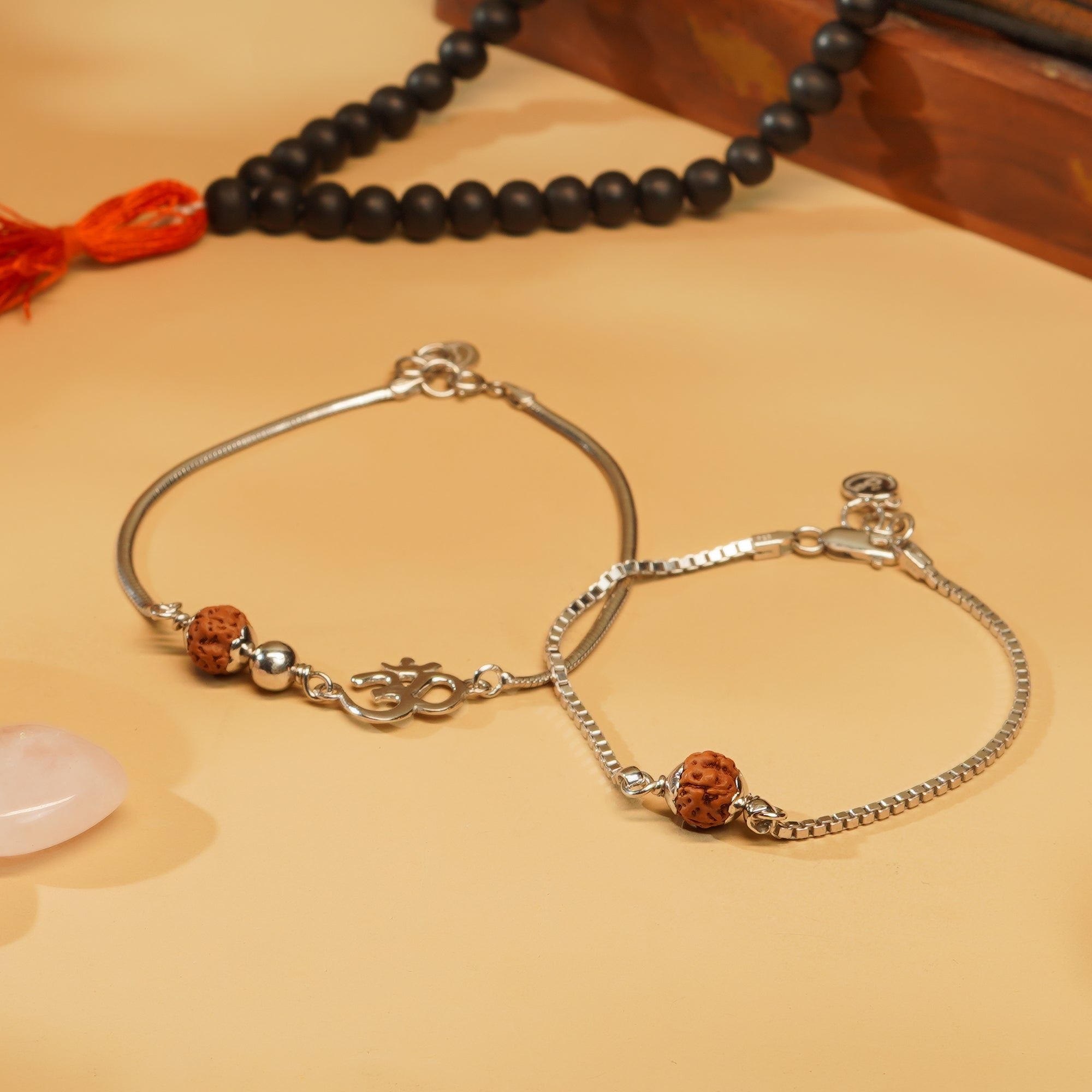 Sacred Bond 5 Mukhi Rudraksha Silver Couple Bracelets