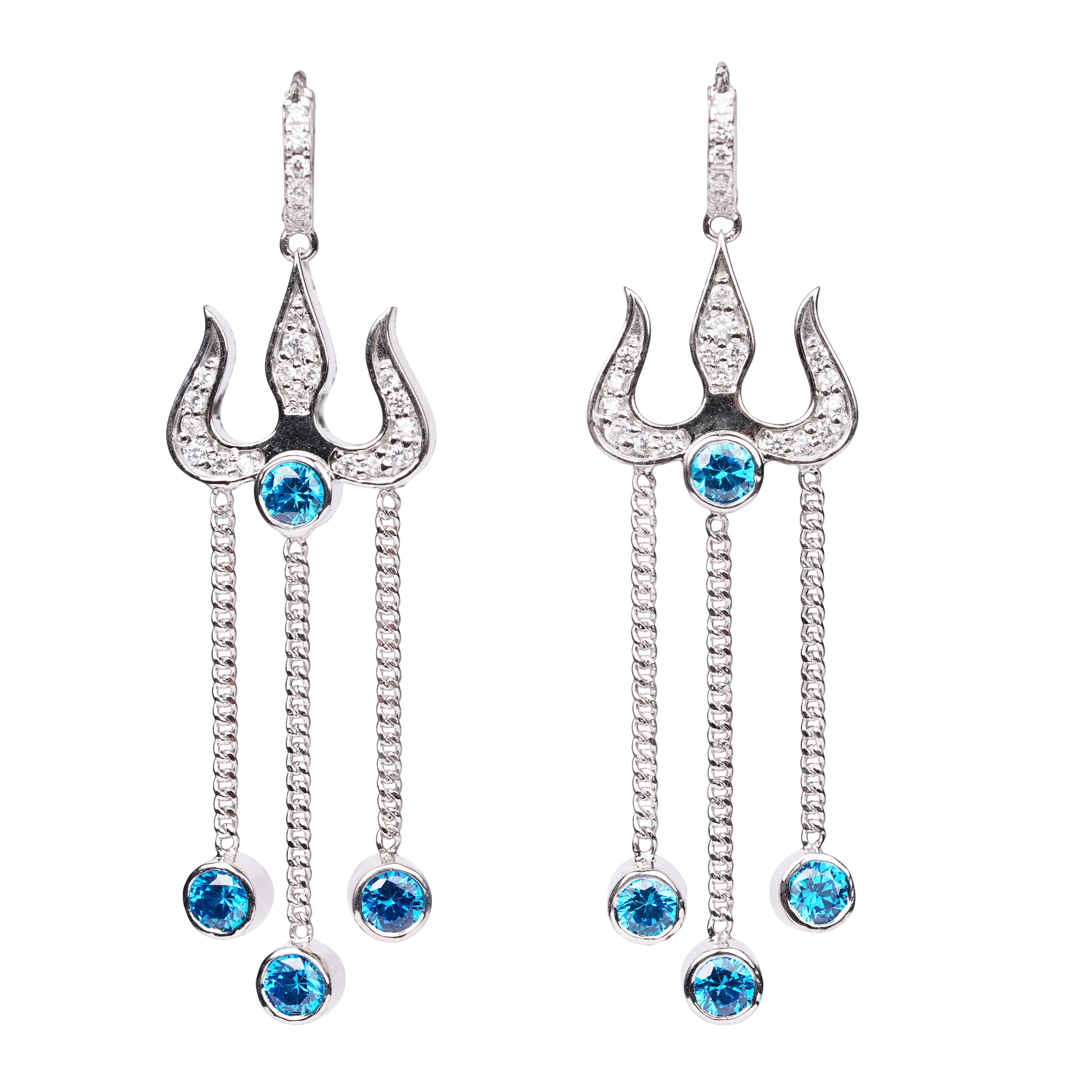 Trident Motif Crystal Diamond Finish Moissanite Drop Earrings in 925 Silver