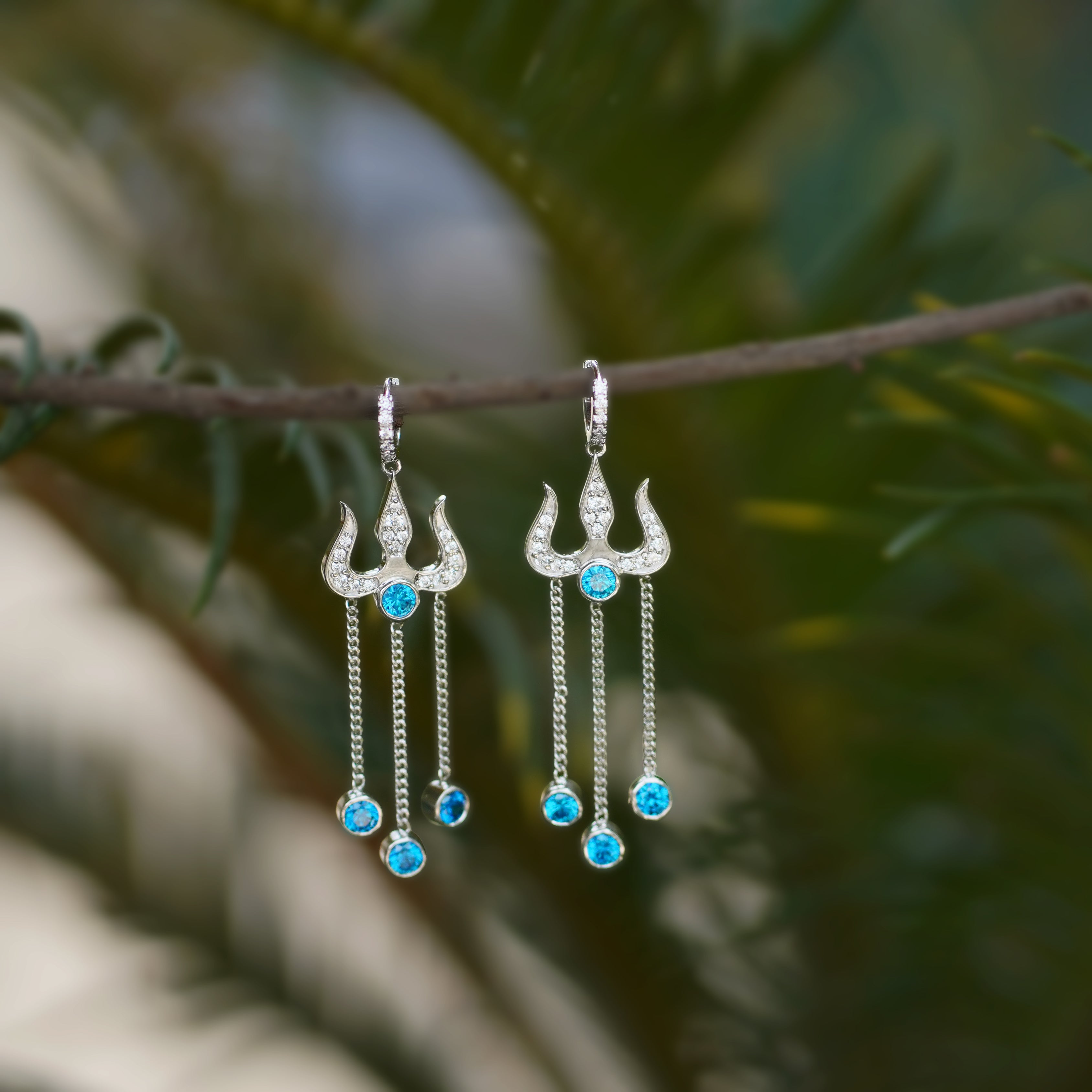 Trident Motif Crystal Diamond Finish Moissanite Drop Earrings in 925 Silver
