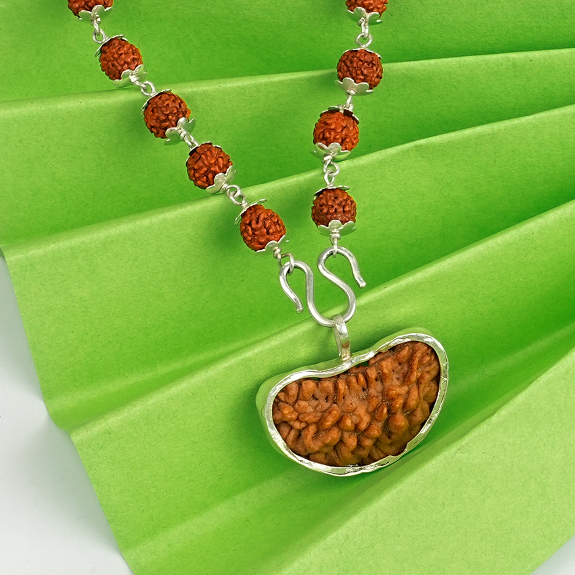 5 Mukhi Silver Rudraksha Mala - with Natural 1 Mukhi Rudraksha Pendant