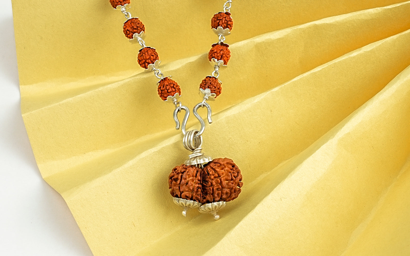 5 Mukhi Silver Rudraksha Mala - with Natural Gauri-Shankar Rudraksha Pendant