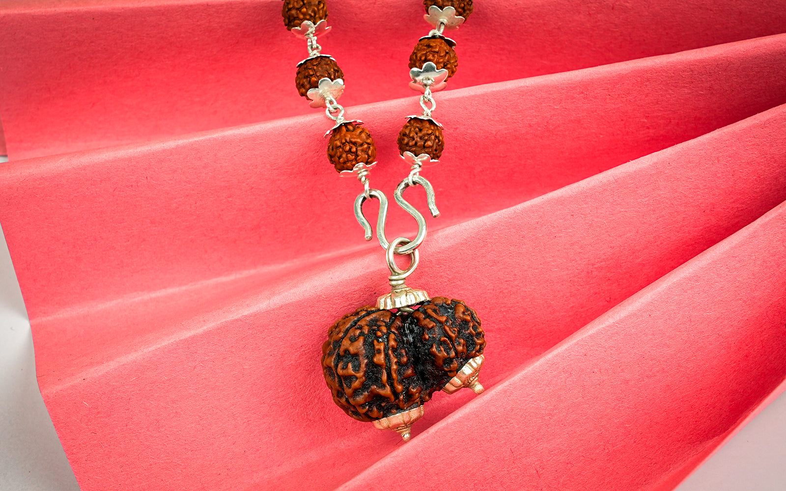 5 Mukhi Silver Rudraksha Mala - with Natural Garbh-Gauri Rudraksha Pendant