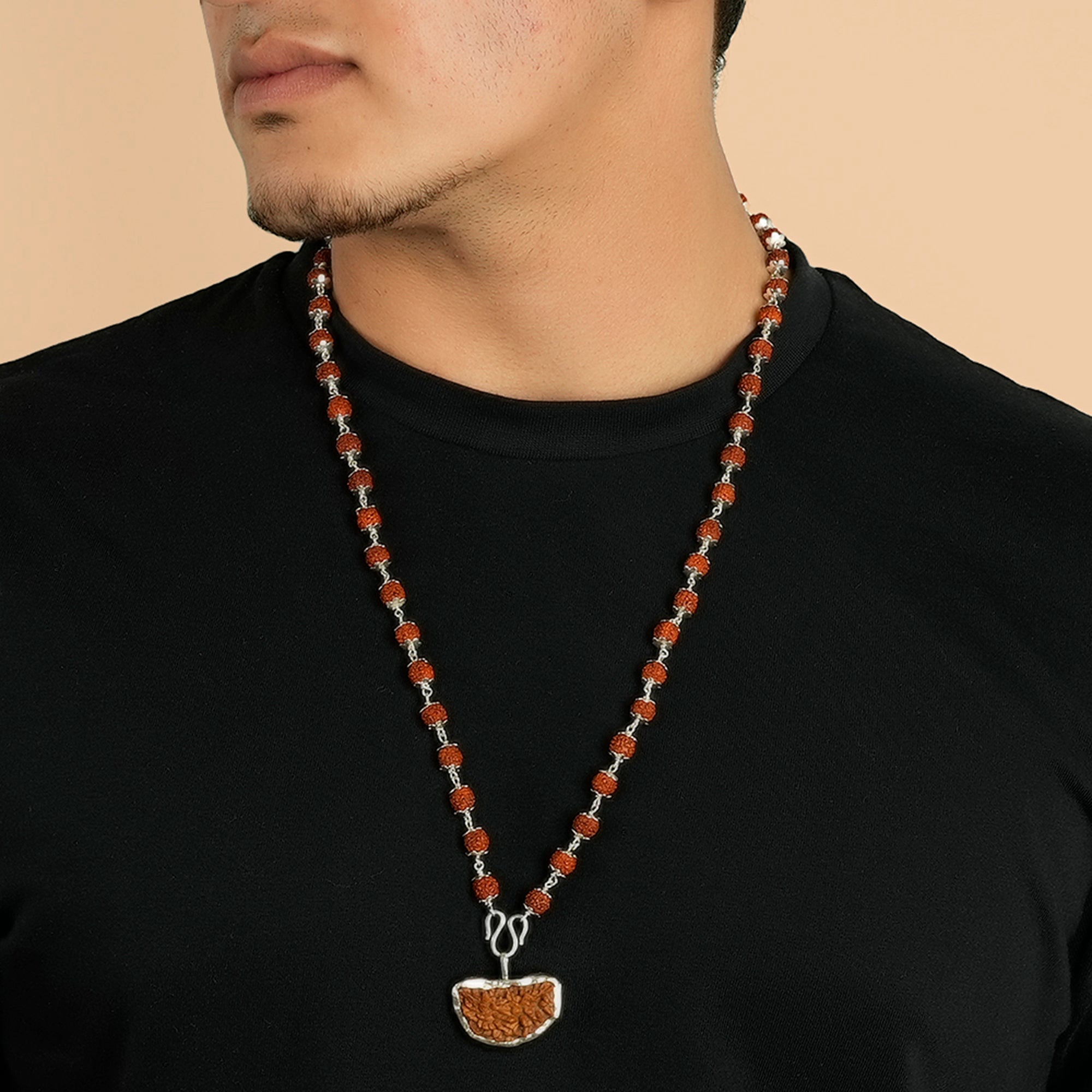 5 Mukhi Silver Rudraksha Mala - with Natural 1 Mukhi Rudraksha Pendant