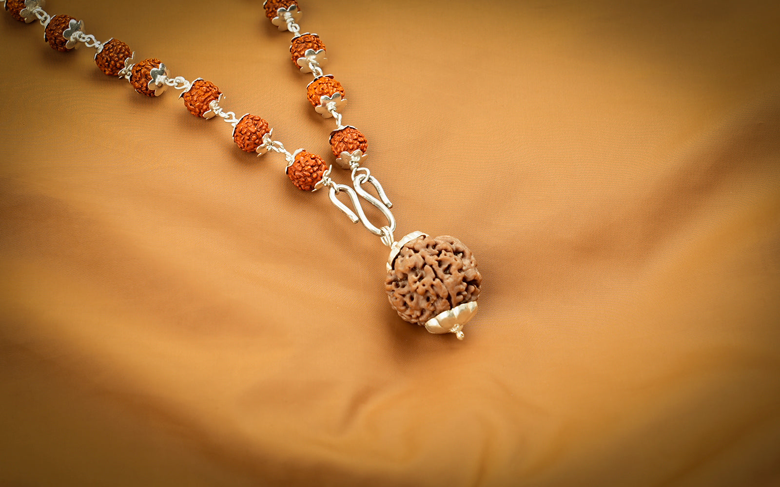 5 Mukhi Silver Rudraksha Mala - with Natural 5 Mukhi Rudraksha Pendant