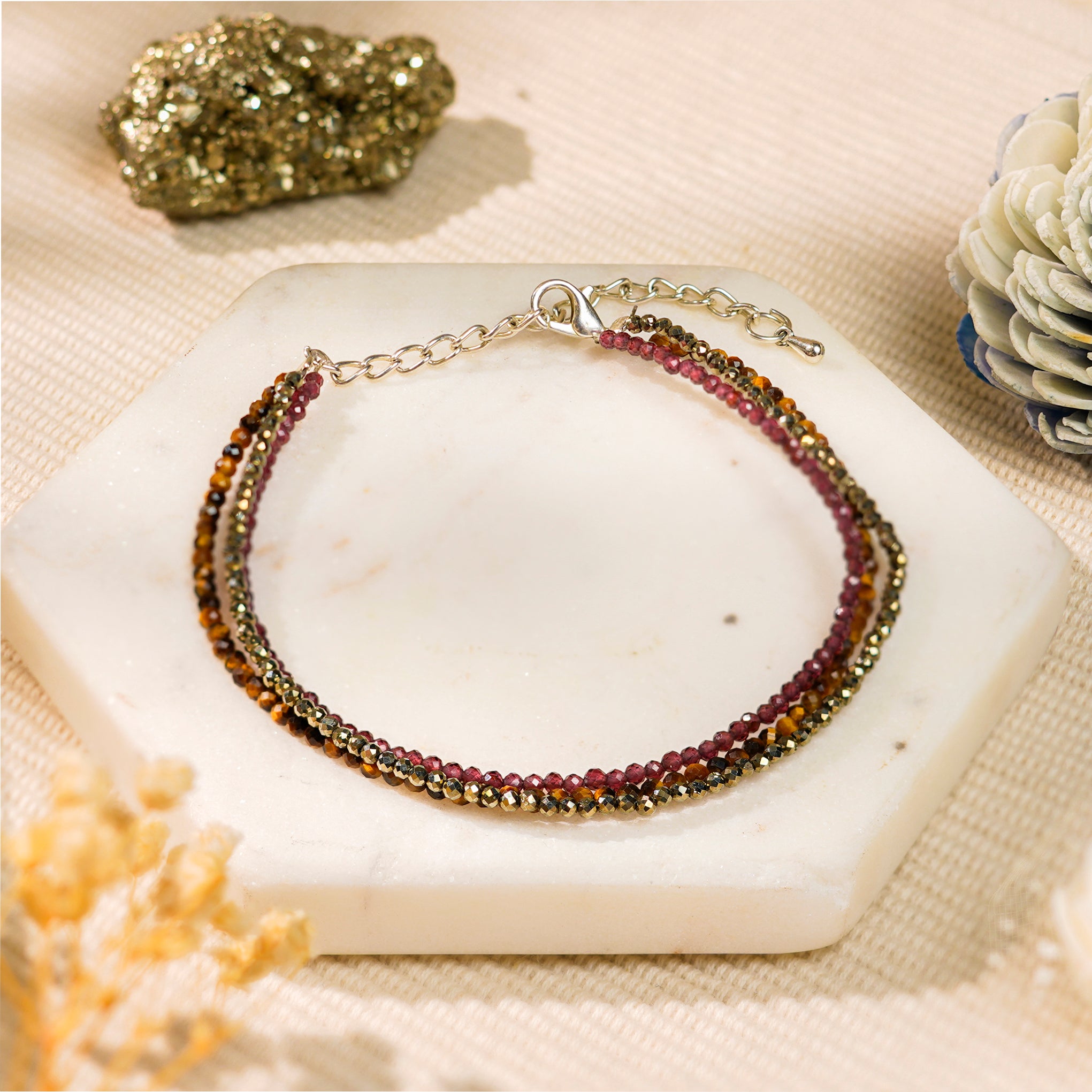Triple Energy Anklet – Tiger Eye, Pyrite & Garnet