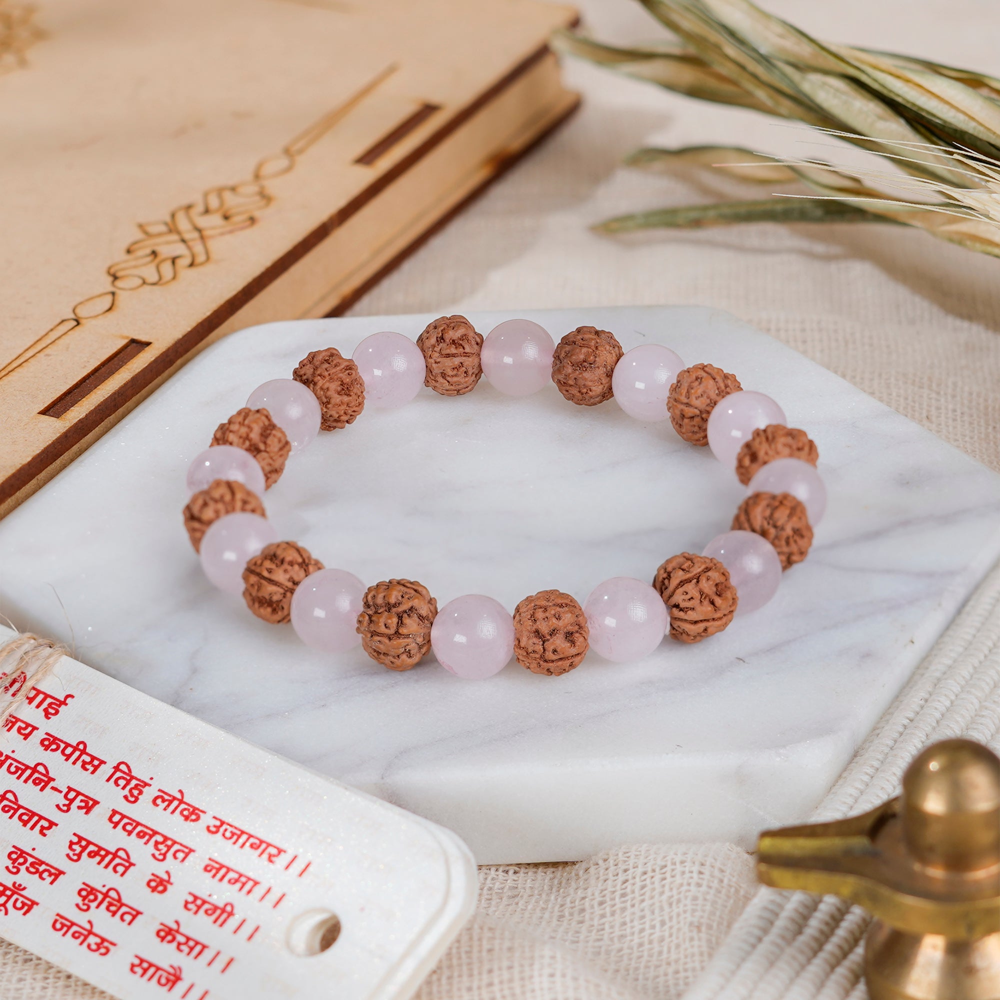 Cancer (कर्क राशि) Bracelet – Rose Quartz & 5 Mukhi Rudraksha