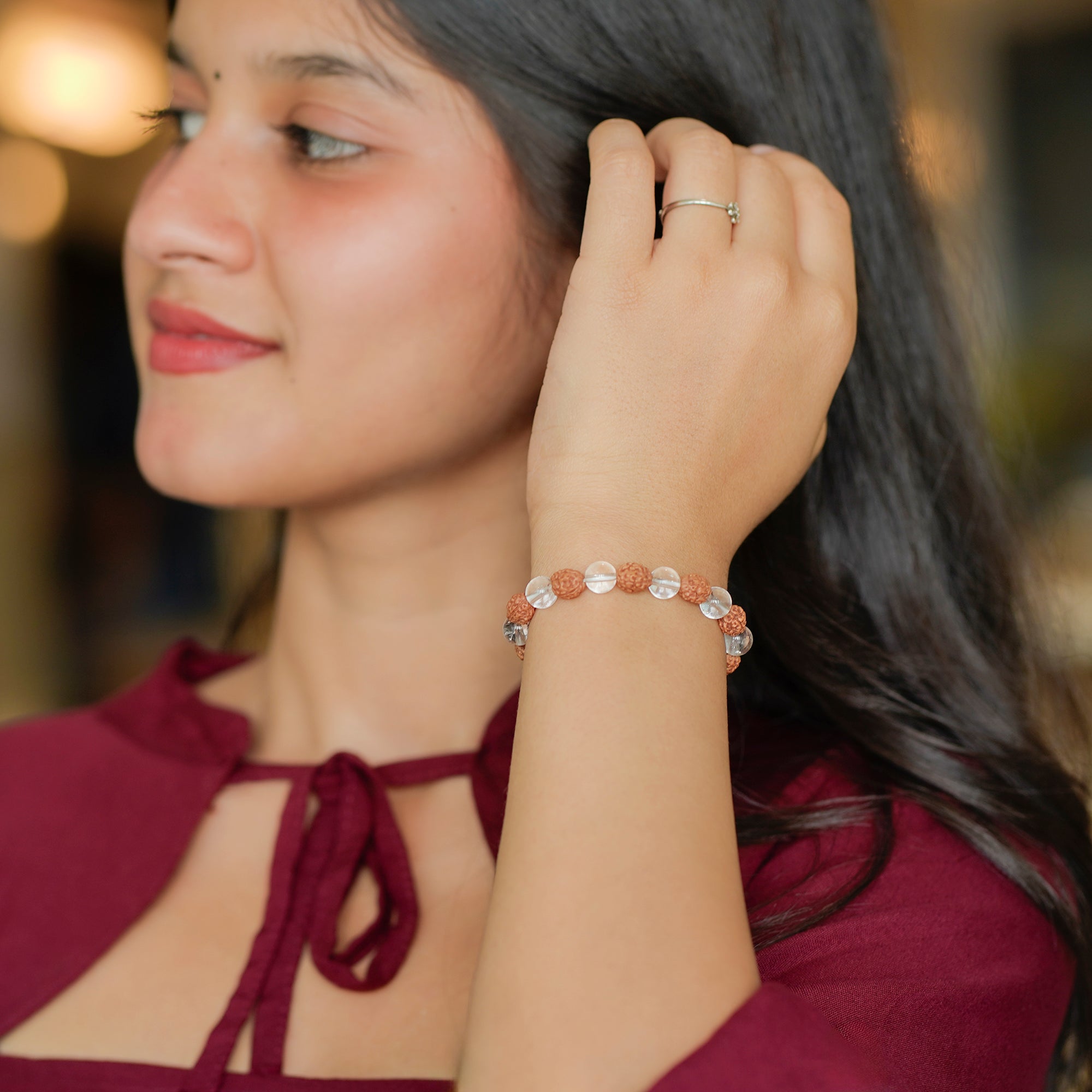 Gemini (मिथुन राशि) Bracelet – Clear Quartz & 4 Mukhi Rudraksha