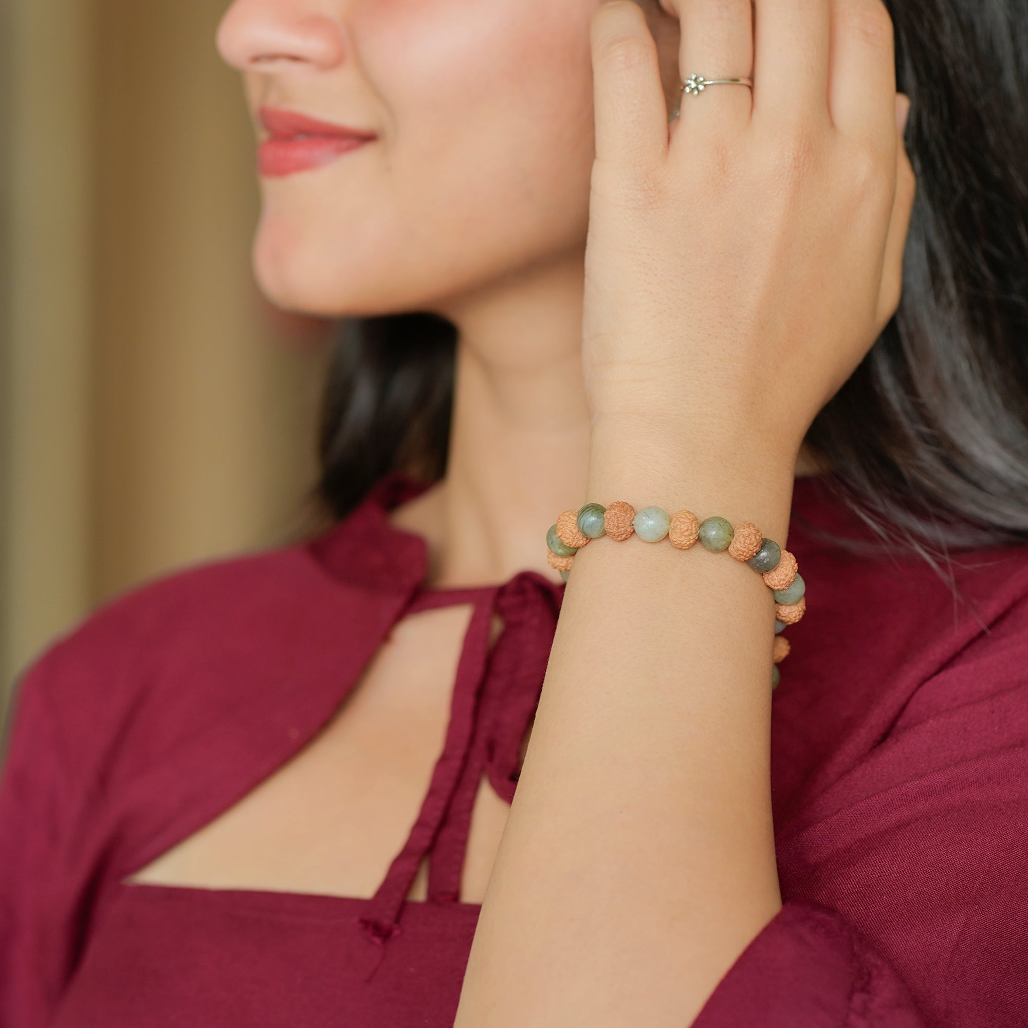 Aquarius (कुंभ राशि) Bracelet – Labradorite & 8 Mukhi Rudraksha