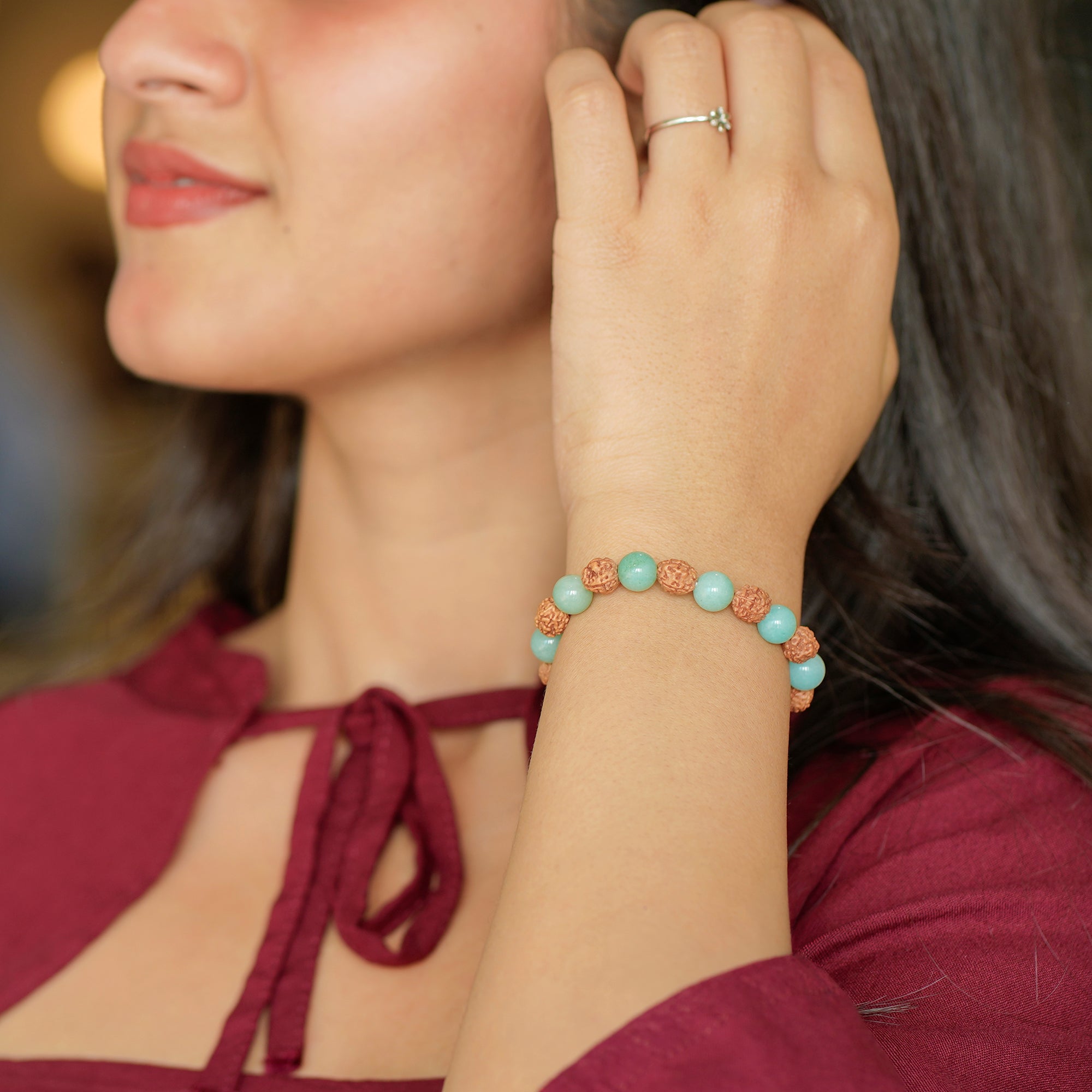 Virgo (कन्या राशि) Bracelet – Amazonite & 4 Mukhi Rudraksha