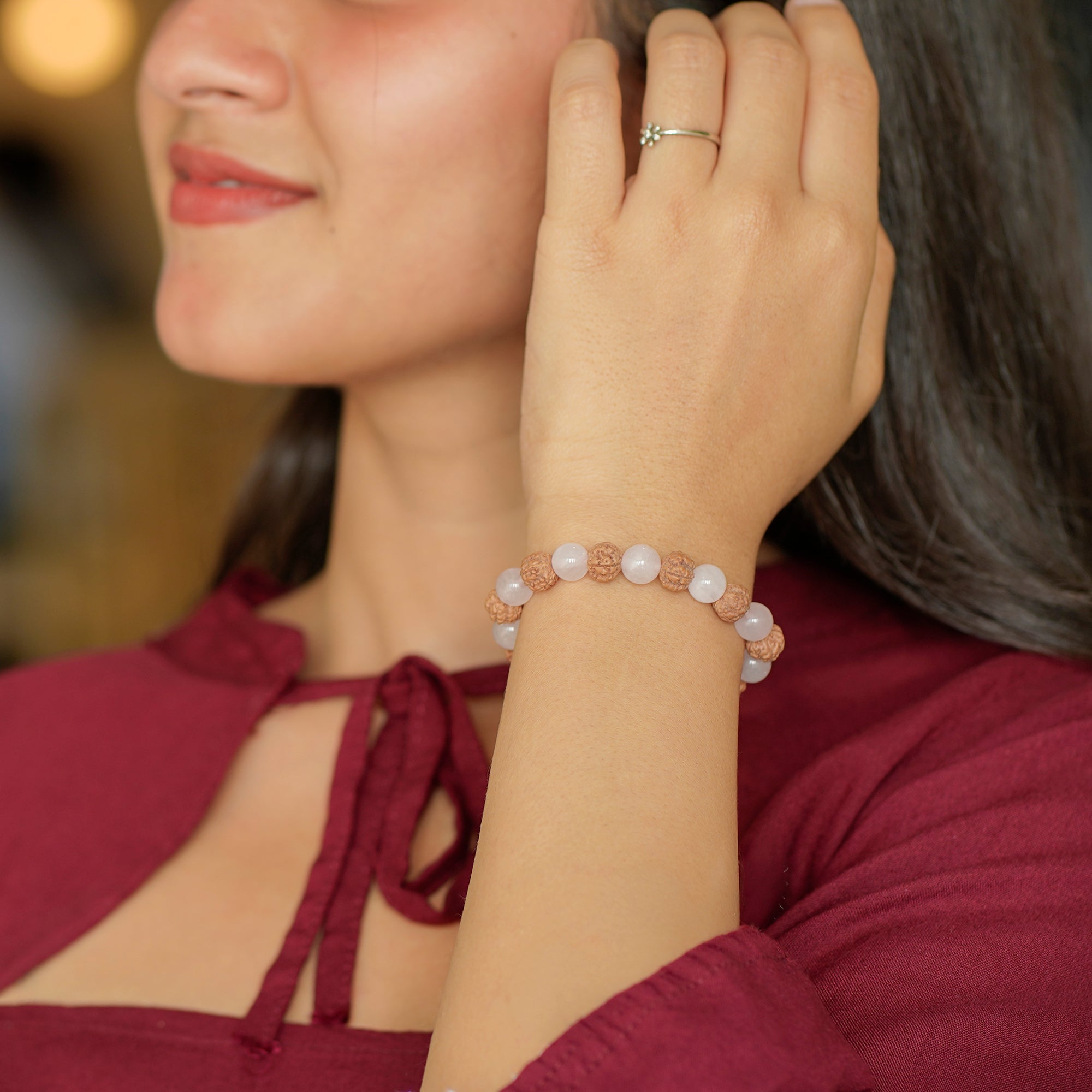 Cancer (कर्क राशि) Bracelet – Rose Quartz & 5 Mukhi Rudraksha