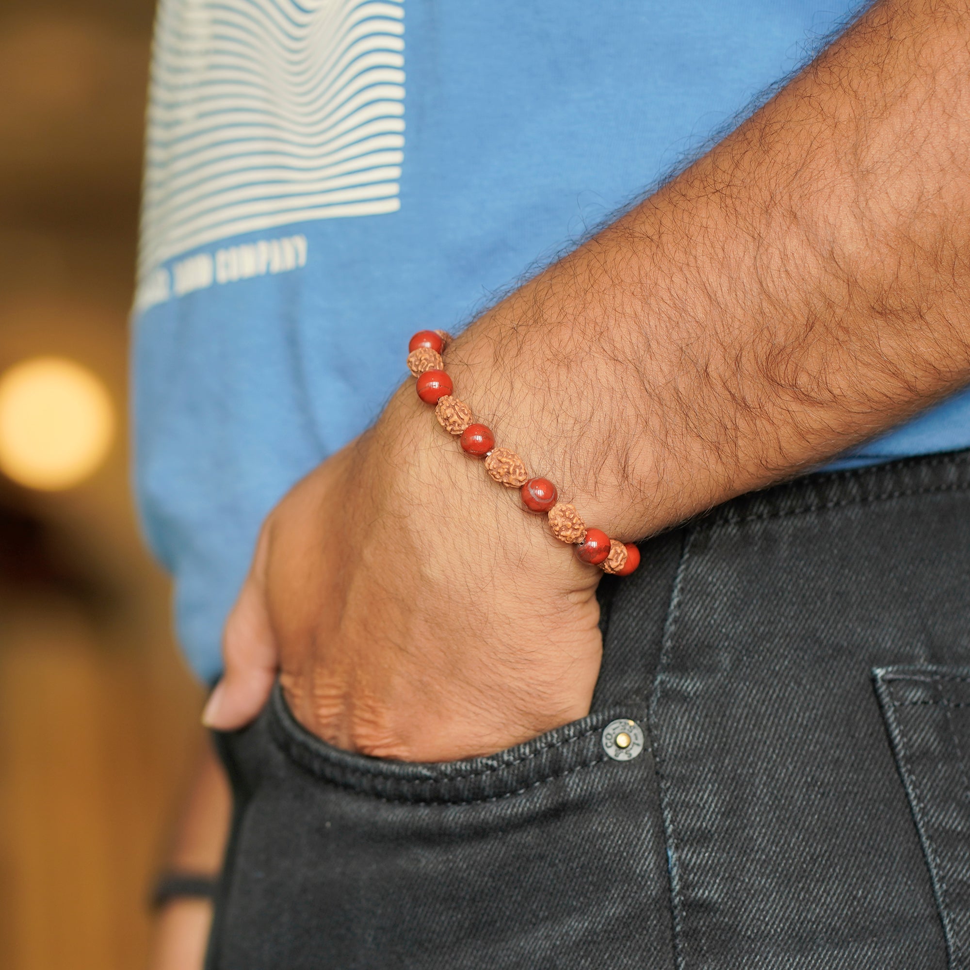 Aries (मेष राशि) Bracelet – Red Jasper & 3 Mukhi Rudraksha