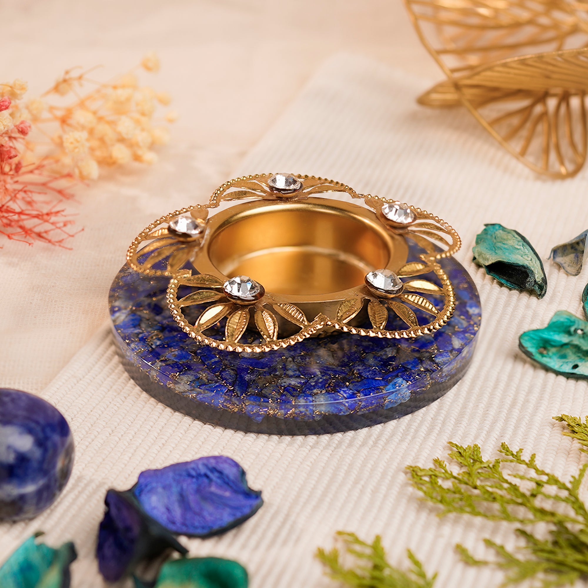 Blue Crystal Floral Tea Light Candle Holder