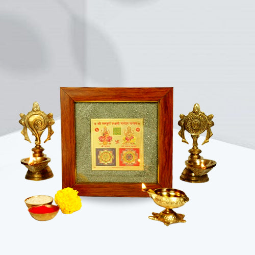 2D Yantra - Frame of Four - Shree Sampoorna Laxmi Ganesh Yantra - Pyrite Dust frame