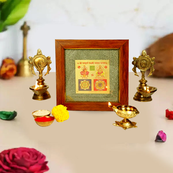 2D Yantra - Frame of Four - Shree Sampoorna Laxmi Ganesh Yantra - Pyrite Dust frame