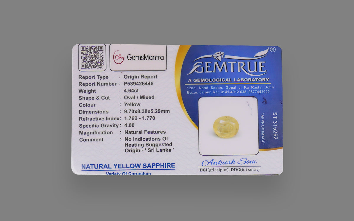 Yellow Sapphire (Pukhraj) – 4.64 Carat / 5.15 Ratti