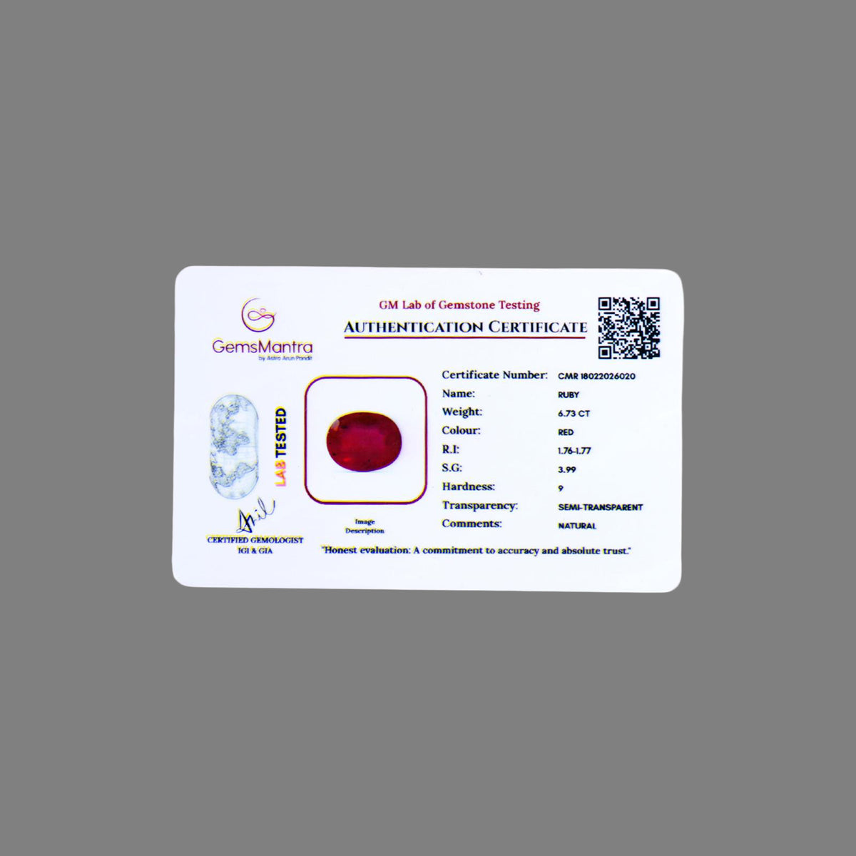 Ruby (Manik) – 6.73 Carat / 7.4 Ratti [GM09211]