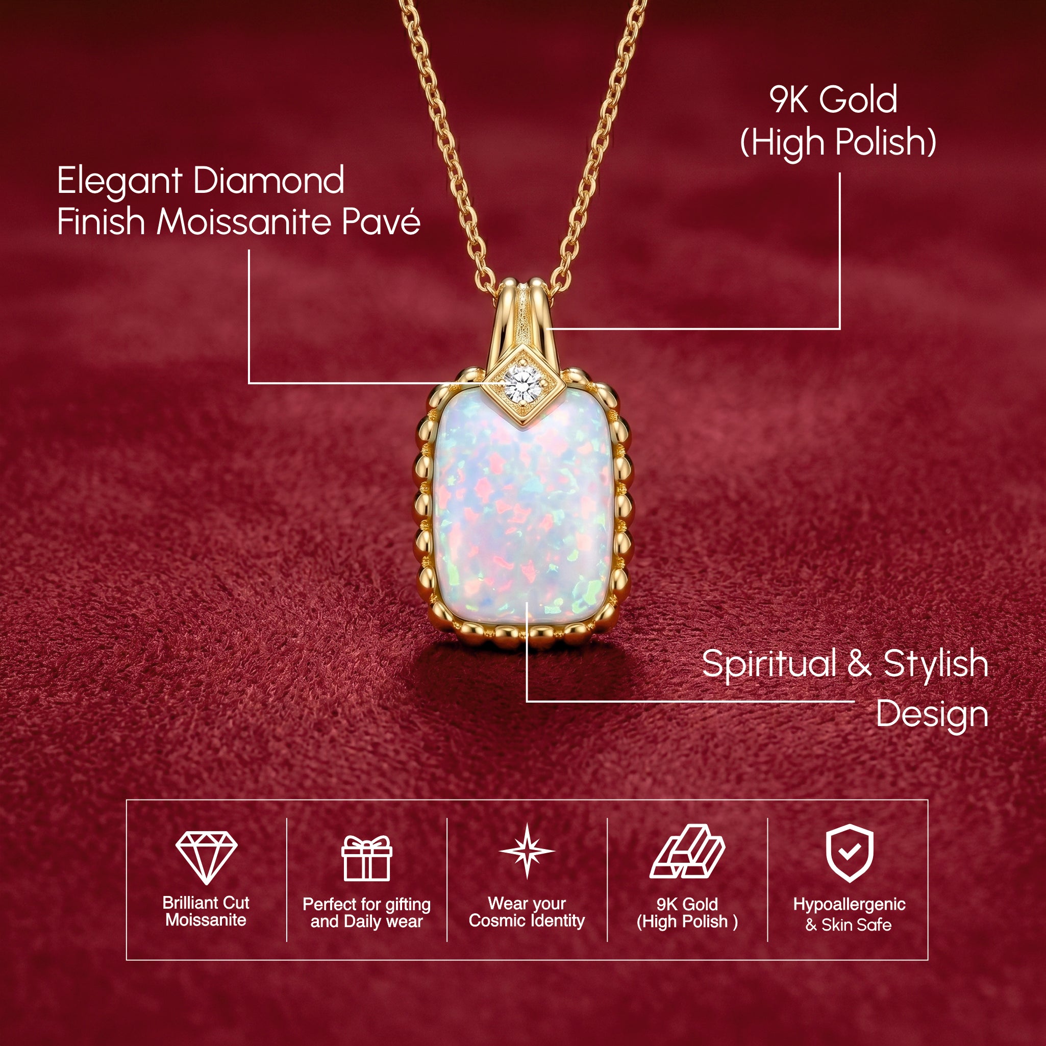 Cushion Opal Pendant with Beaded Chevron Halo