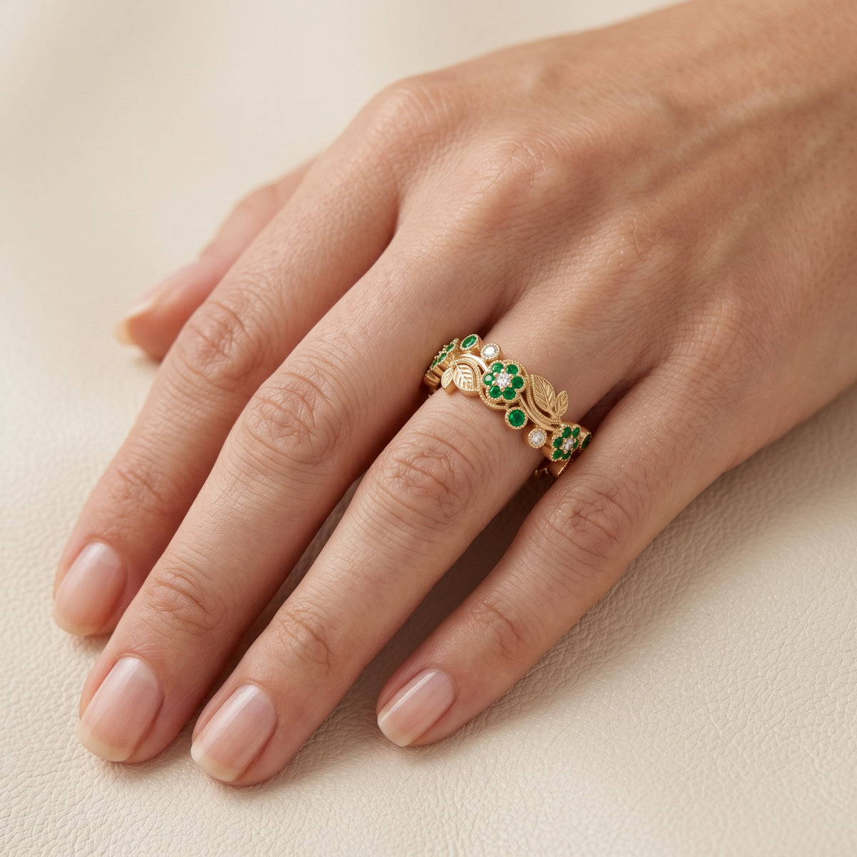 Emerald Blossom Band in Gold Finish