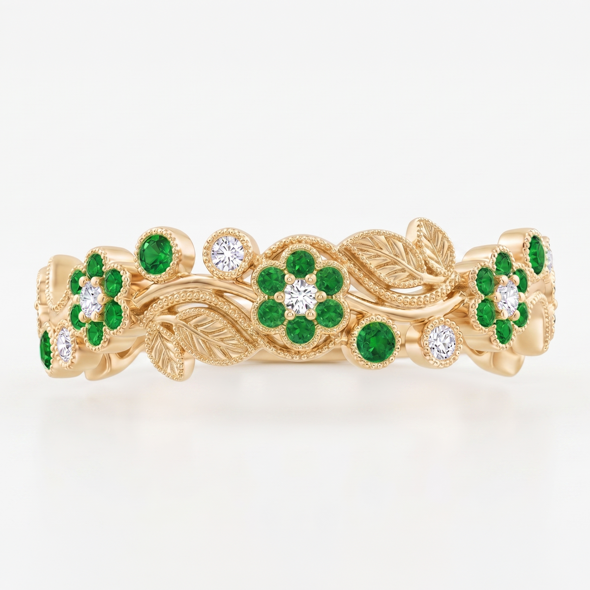 Emerald Blossom Band in Gold Finish