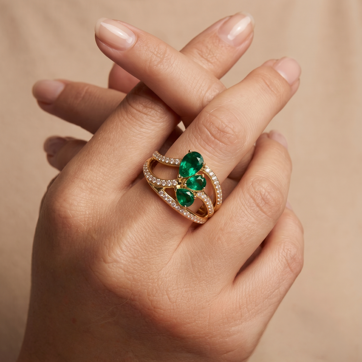 Emerald Bloom Crossover Ring in Gold Finish