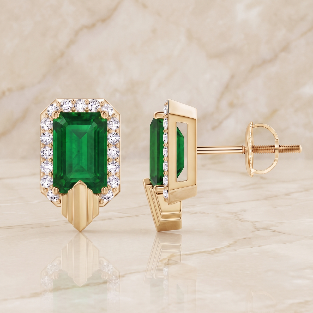 Emerald Cut Geometric Halo Studs