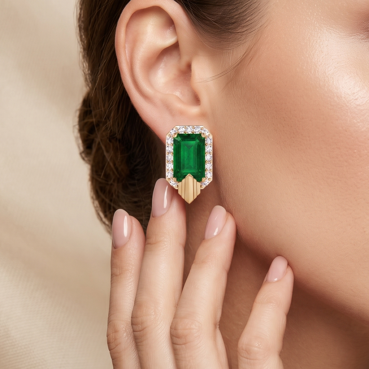 Emerald Cut Geometric Halo Studs